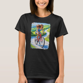 Frau, die in einer wunderschönen Landschaft Fahrra T-Shirt