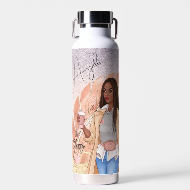 Frau Fashionista Rosa Rose Gold Brown Haar Trinkflasche (Vorne)