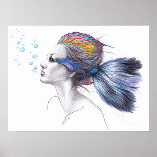 Frau Fisch Meerjungfrau Porträt Surreal Zeichnung  Poster