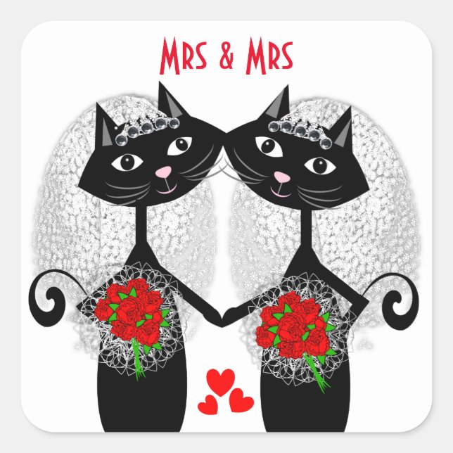 Frau + Frau Lesbian Ehekatze Niedlich Brides Weddi Quadratischer Aufkleber (Vorderseite)