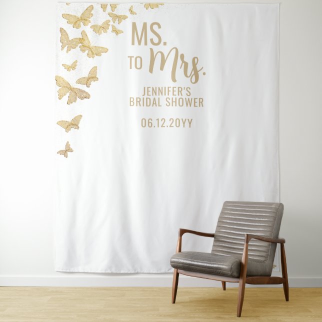 Frau Gold Butterflies Chic White Bridal Hintergrun Wandteppich (Beispiel)