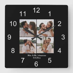 Frau & Herr Schwarz Weiß 4 Fotos Collage Hochzeit Quadratische Wanduhr