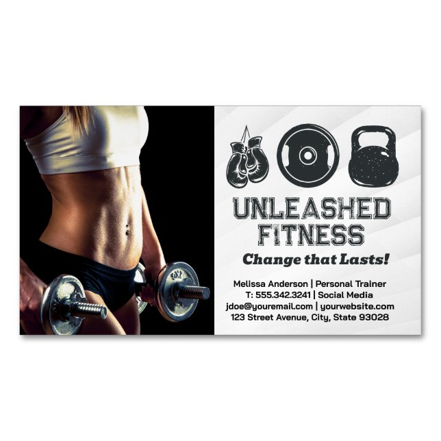 Frau Holding Dumbells | Gym Equipment Icons Magnetische Visitenkarte (Vorderseite)