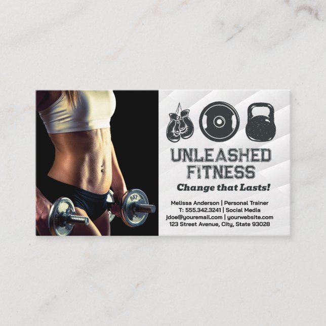 Frau Holding Dumbells | Gym Equipment Icons Visitenkarte (Vorderseite)
