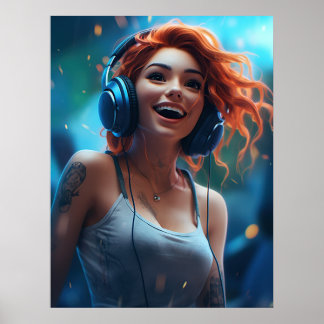 Frau hört Musik mit Kopfhörern Poster
