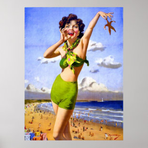 Frau im Badeanzug am Strand Poster
