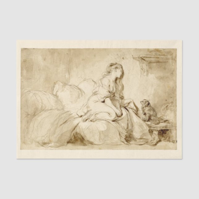 Frau im Bett mit ihrem Hundekhalk, der 1770er Jahr Seidenpapier (Vorderseite)