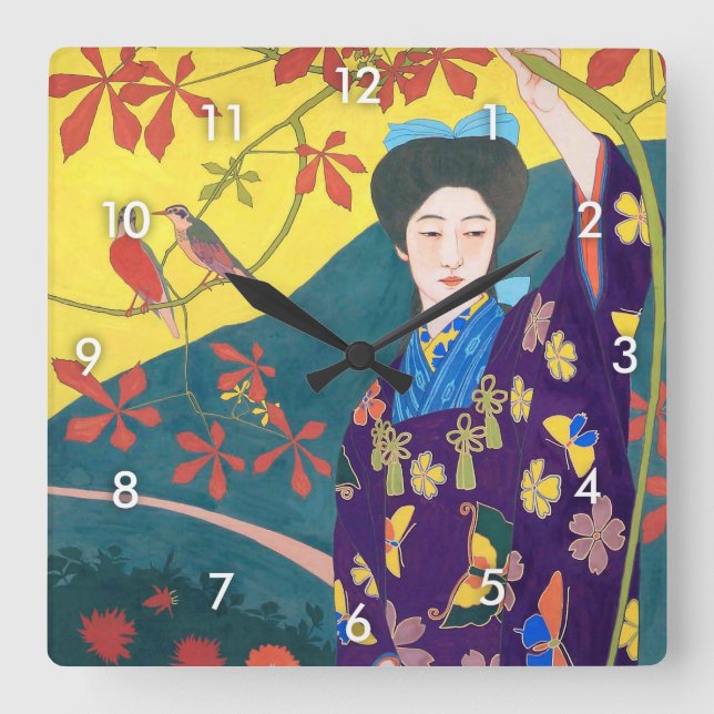 Frau im Blumengarten, Goyō Hashiguchi Quadratische Wanduhr (Vorderseite)