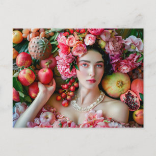 Frau im Blumenkleid mit Früchteauslage Postkarte