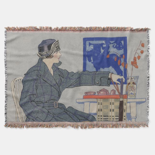 Frau im Café mit Vintagem Umbrella-Gemälde Decke (Vorderseite)
