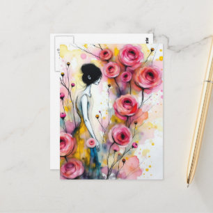 Frau im geheimen Garten rosa Blumen Postkarte