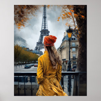 Frau im gelben Badezimmer Admiring Eiffelturm Poster
