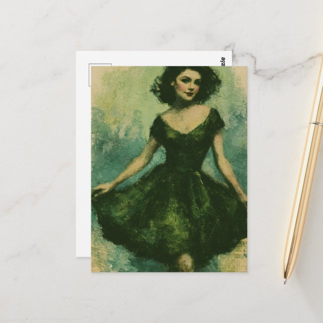 Frau im grünen Kleid Postkarte (Vorderseite/Rückseite Beispiel)