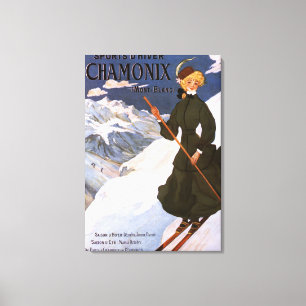 Frau im grünen Skifahren-Plakat Leinwanddruck