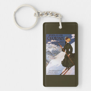 Frau im grünen Skifahren-Plakat Schlüsselanhänger