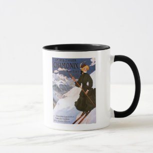 Frau im grünen Skifahren-Plakat Tasse