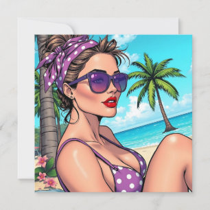 Frau im Lila Polka Dot Bikini am Strand Leere Karte