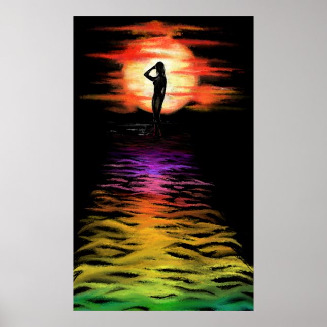 Frau im Meer Sonnenuntergang Poster - Malerei Art (Vorne)