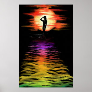 Frau im Meer Sonnenuntergang Poster - Malerei Kuns