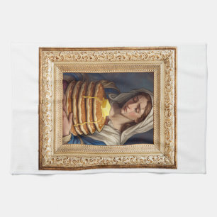 Frau im Renaissance-Stil weint über Pfannkuchen Geschirrtuch