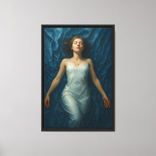 Frau im Seidenkleid auf dem Blue Satin Bed Leinwanddruck