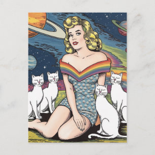 Frau im Weltraum mit weißen Katzen Postkarte