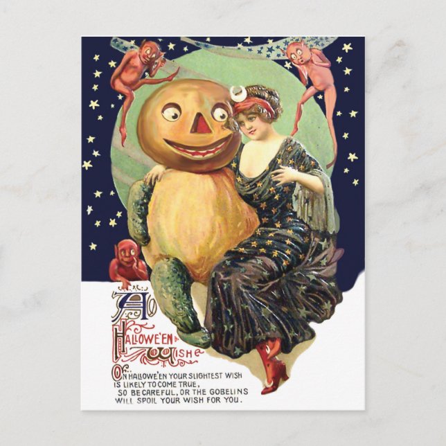 Frau in Begleitung von Jack O' Lantern und Goblins Postkarte (Vorderseite)