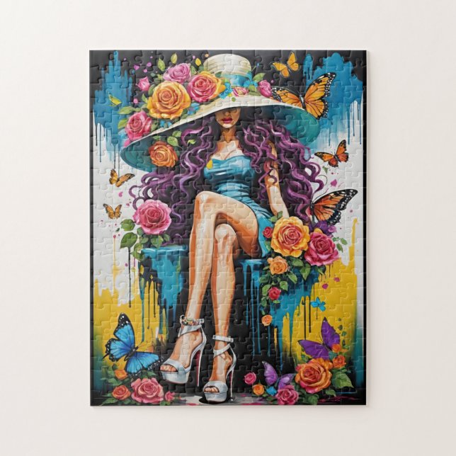 Frau in Big Hat und High Heels Floral (Vertikal)