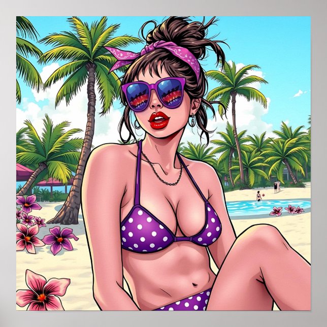 Frau in Bikini und Bandanna am Strand Poster (Vorne)