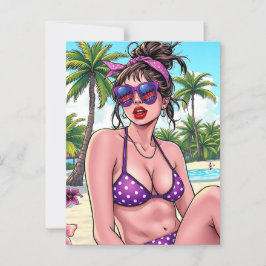 Frau in Bikini und Bandanna am Strand Postkarte
