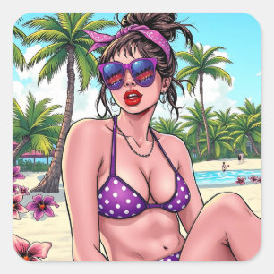 Frau in Bikini und Bandanna am Strand Quadratischer Aufkleber