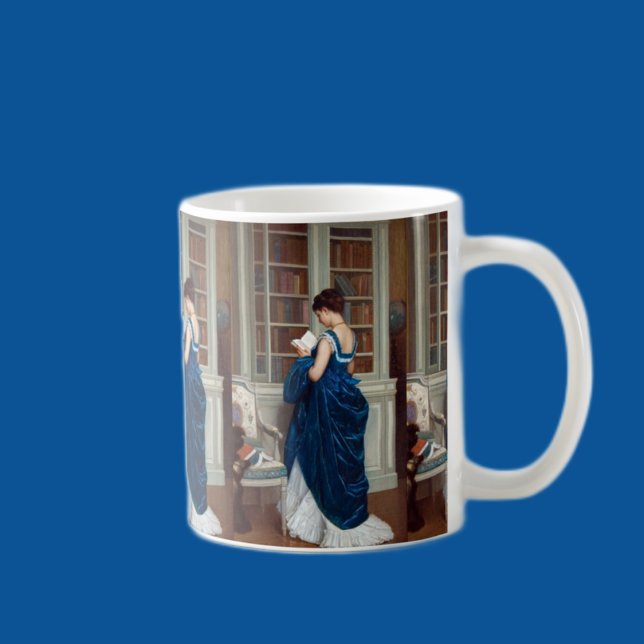 Frau in Blau, Buch lesen Kaffeetasse (Von Creator hochgeladen)