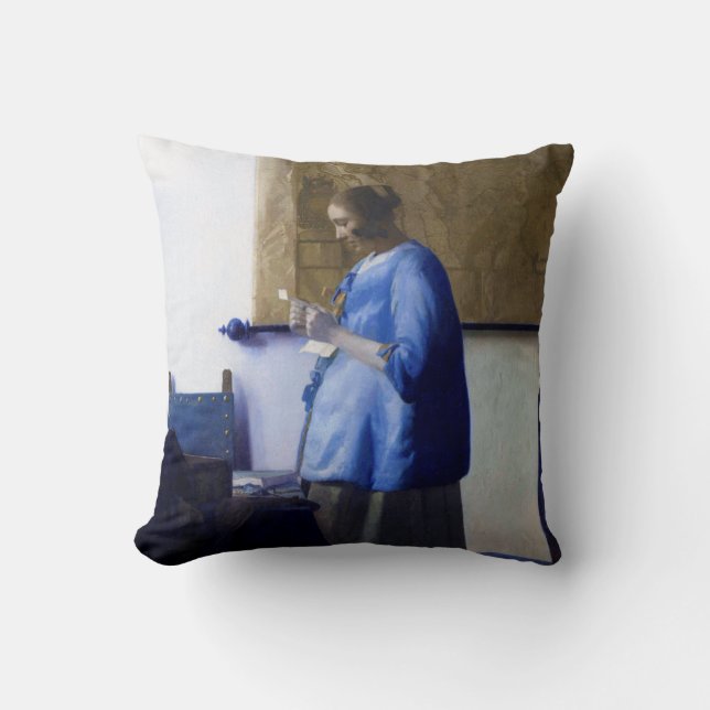 Frau in Blau, Johannes Vermeer Kissen (Vorderseite)