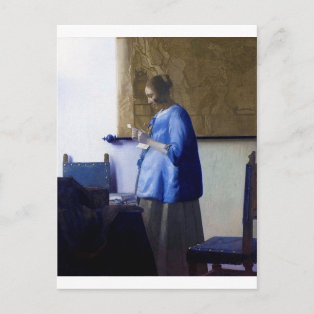 Frau in Blau, Johannes Vermeer Postkarte (Vorderseite)