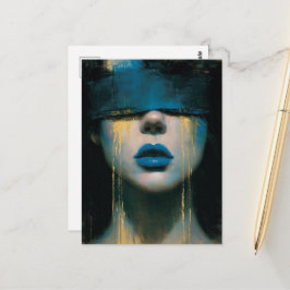 Frau in Blau mit verbundenen Augen goldene Tränen Postkarte