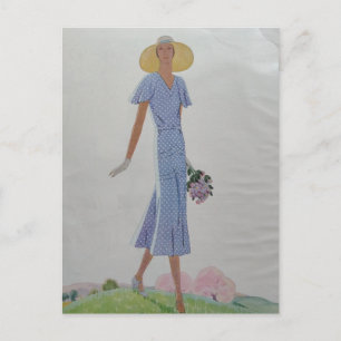 Frau in blau-weißem Kleid, Mode der 1930er Jahre Postkarte