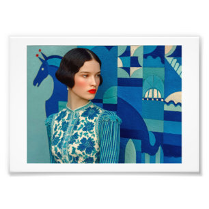 Frau in blaublühendem Kleid, Gemälde des blauen Pf Fotodruck