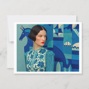 Frau in blaublühendem Kleid, Gemälde des blauen Pf Postkarte