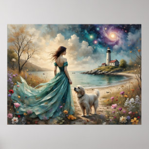 Frau in blauem Gewand am Strand mit Hund, Leuchttu Poster