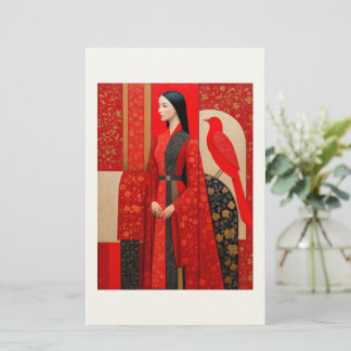 Frau in blühendem Kleid mit rotem Blütenmuster und Briefpapier