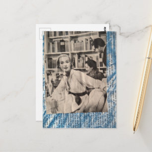 Frau in der Bibliothek in der Ära der 1930er Jahre Postkarte