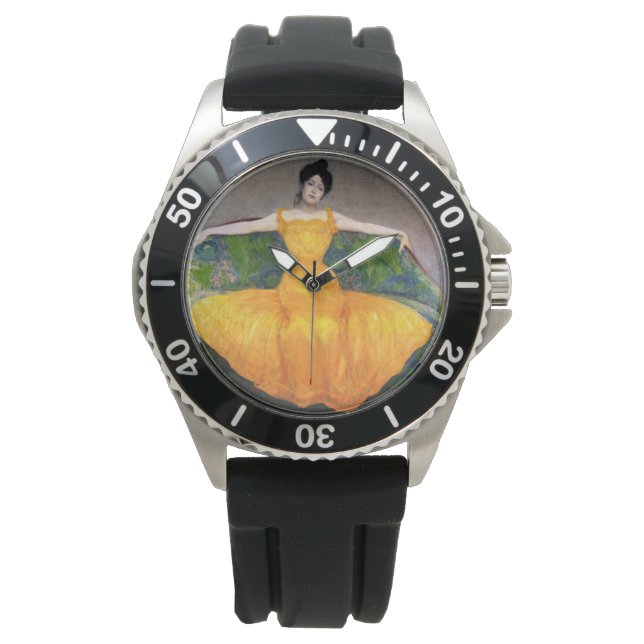 Frau in einem gelben Kleid (von Max Kurzweil) Armbanduhr (Vorderseite)