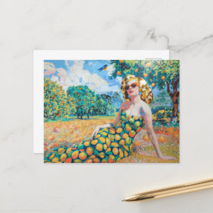 Frau in einem Orangenhain Postkarte