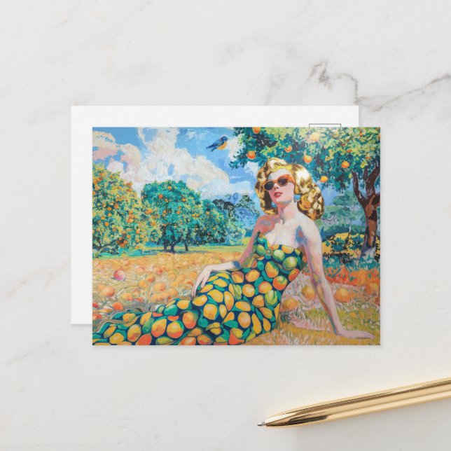 Frau in einem Orangenhain Postkarte (Vorderseite/Rückseite Beispiel)
