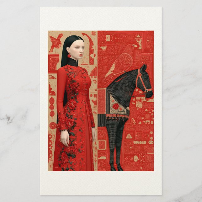 Frau in einem rot blühenden Kleid & schwarzen Pfer Briefpapier (Vorderseite)