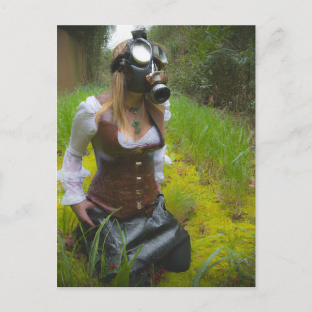 Frau in einer Gasmaske in der Holzpostkarte Postkarte (Vorderseite)
