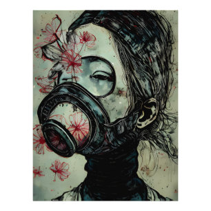 Frau in einer Gasmaske mit Blume Fotodruck