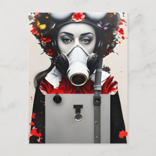 Frau in einer Gasmaske mit roten Blume Postkarte