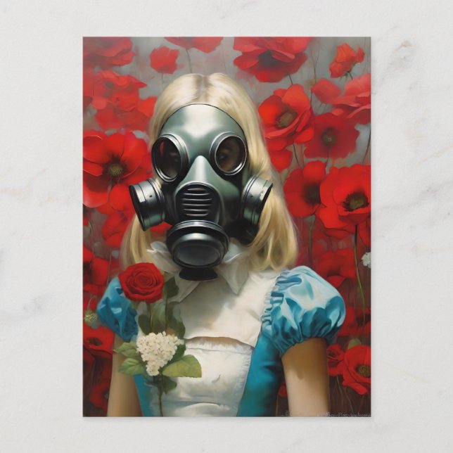Frau in einer Gasmaske Rote Blume Postkarte (Vorderseite)