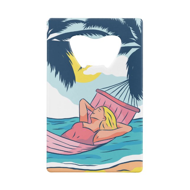 Frau in einer Hängematte am Strand Geldbeutel Flaschenöffner (Rückseite)